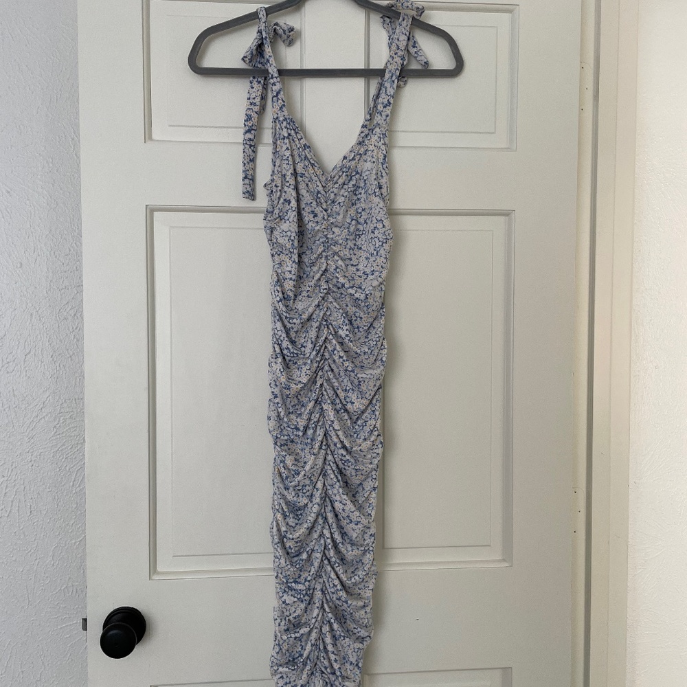 Light Blue Floral Ruched Shoulder Tie Maternity Dress